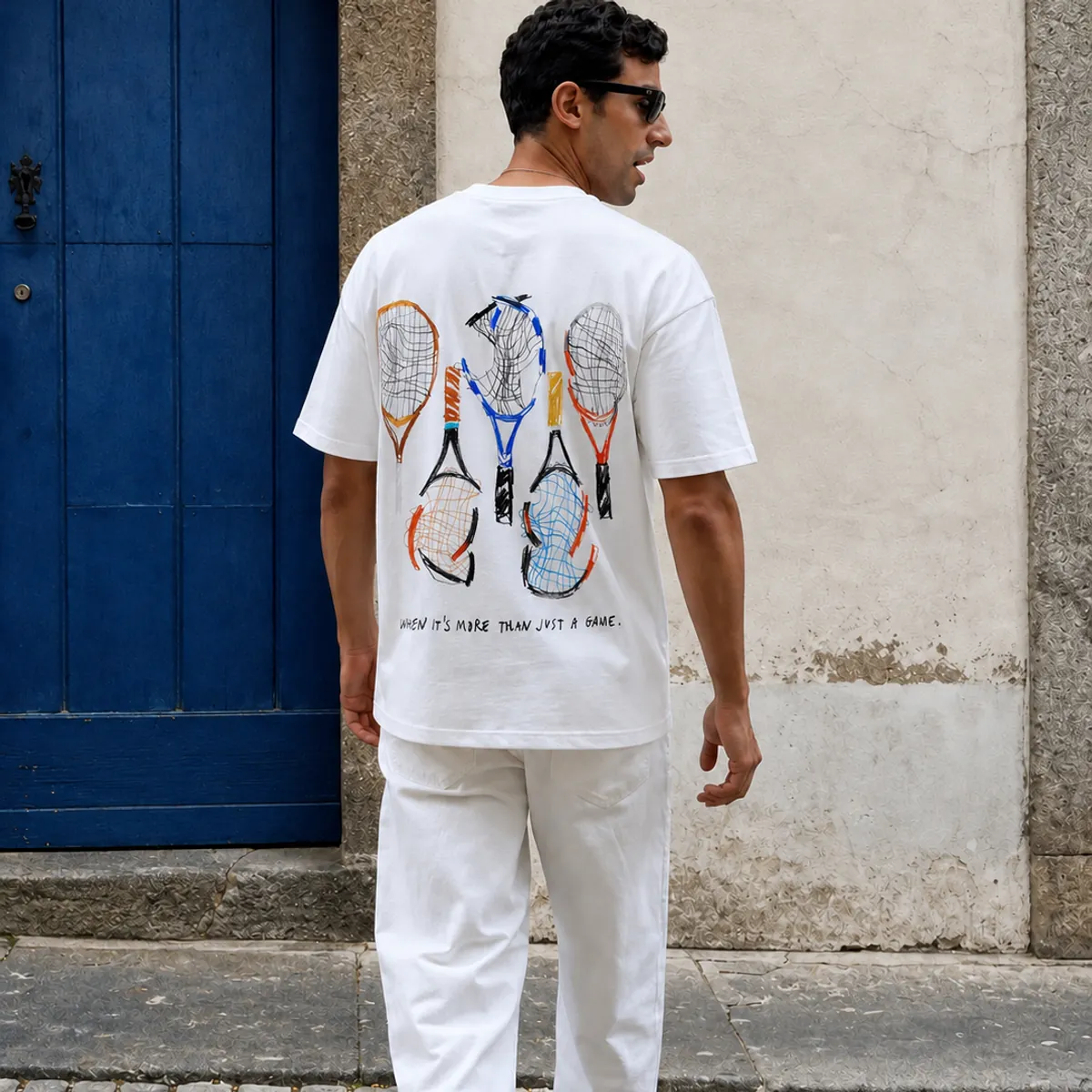 Echo Shop tennis print t-shirt, worn outdoors